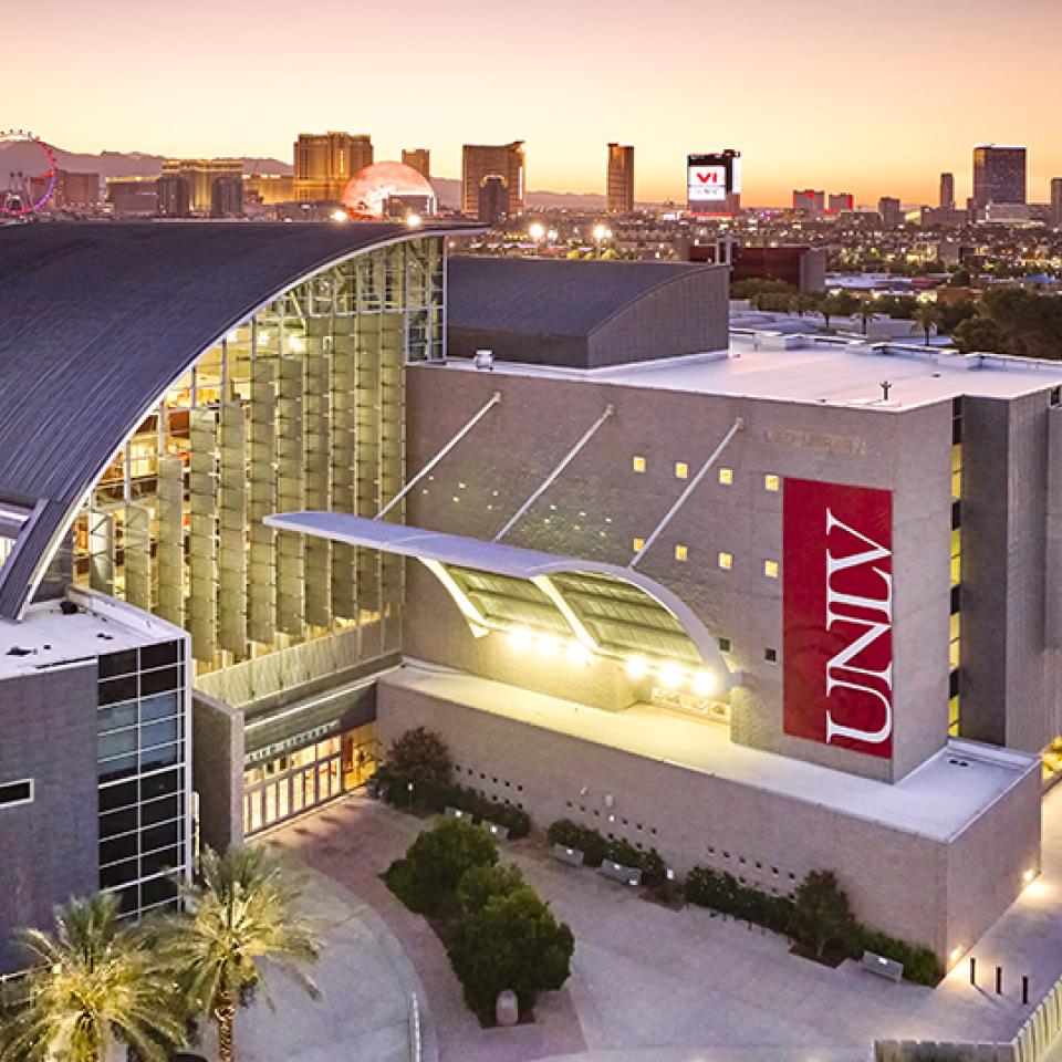 Lied Library at sunset with the Strip in the background. 