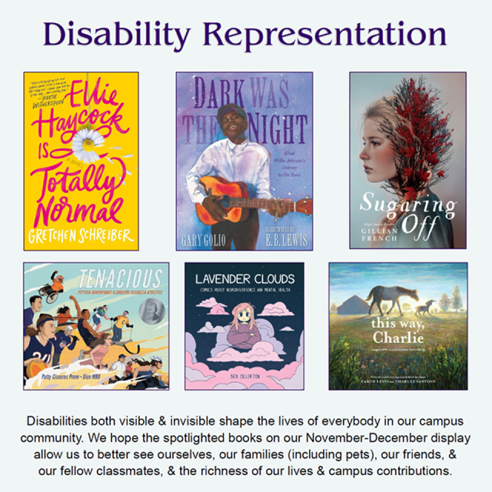 Collage of six book covers titled "Disability Representation" depicting diverse themes, each cover arranged in two rows.