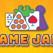 Colorful game-related icons and large text 'GAME JAM' on a bright yellow background.