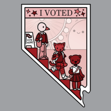 Cartoon characters on a staircase in a Nevada-shaped "I Voted" sticker, featuring a Ferris wheel and sun in the background.