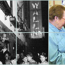 A group of people outside a building and a picture of two women with their foreheads pressed together. 