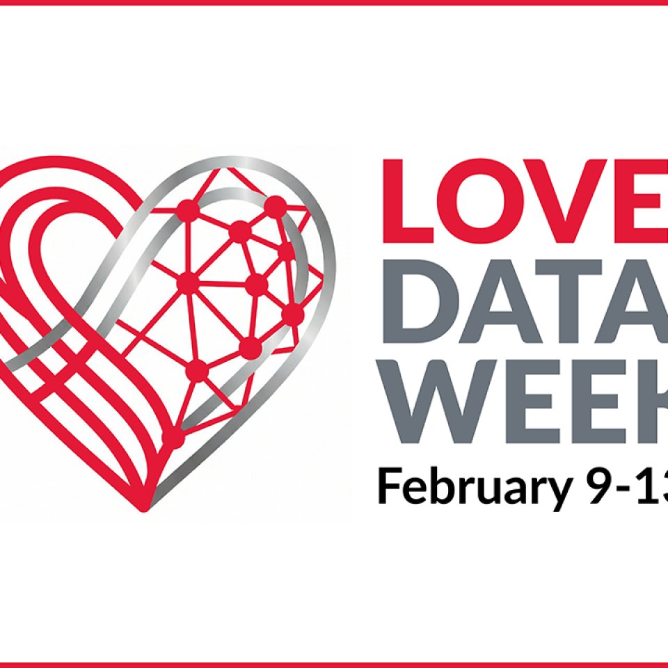 Promotional graphic for Love Data Week with a stylized heart and text.