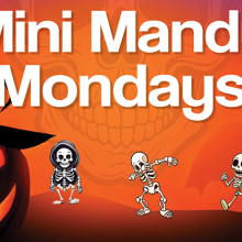 Mini Mandy Mondays text with image of 5 small skeletons and two jack o'lanterns. 