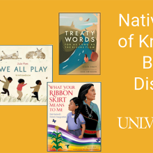 A display of books on Native themes with a UNLV Libraries logo, featuring titles like "Notable Native People" and "Warrior Girl Unearthed."