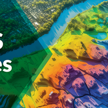 Aerial photo with a colorful topographic map overlay, labeled "QGIS Series."
