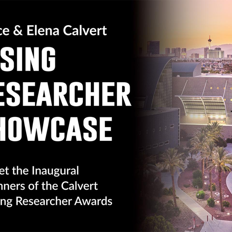 Aerial view of a university campus at twilight with landscaped areas, palm trees, and a modern building. The image features overlay text announcing the "Rising Researcher Showcase."