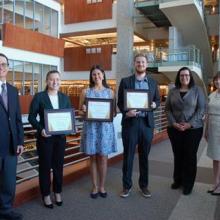 Teaching & Learning Librarian Mark Lenker, Isabella Chung, Nathalie Martinez, Michael Schwob, Interim Head of Educational Initiatives Rosan Mitola, and Dean of Libraries Maggie Farrell.