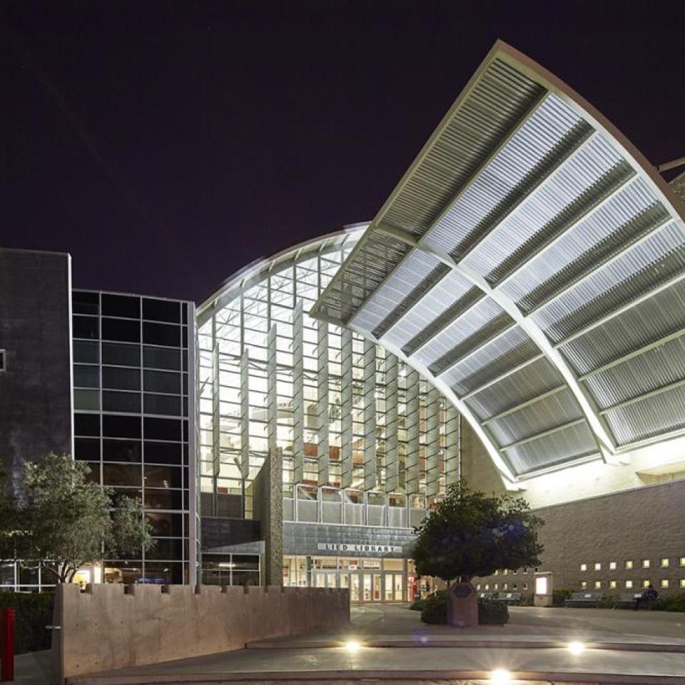 Lied Library entrance at night