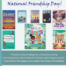 Shows covers of books on display for National Friendship Day