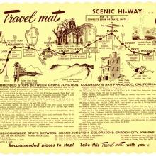 US 50 travel placemat with drawing of scenery and destinations along highway with text description below